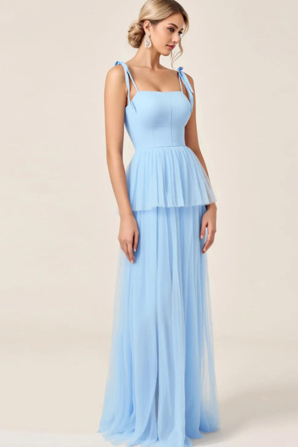 Azul Céu Tule Linha-A Pescoço Quadrado Longo Vestidos Cerimónia com Fenda