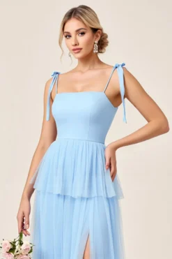 Azul Céu Tule Linha-A Pescoço Quadrado Longo Vestidos Cerimónia com Fenda