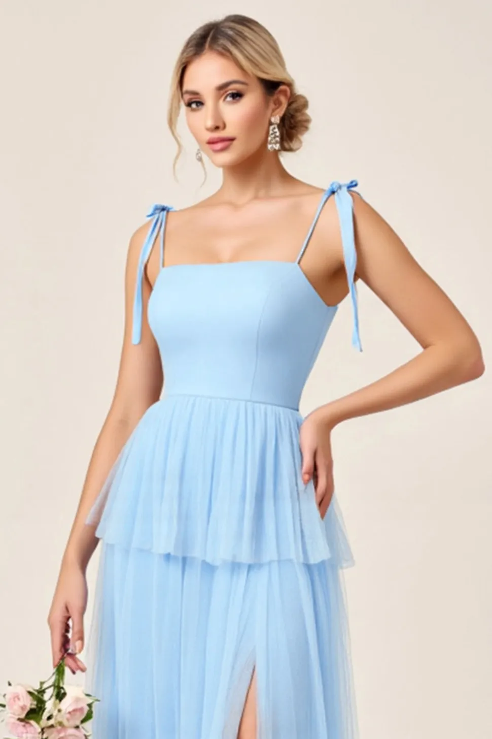 Azul Céu Tule Linha-A Pescoço Quadrado Longo Vestidos Cerimónia com Fenda