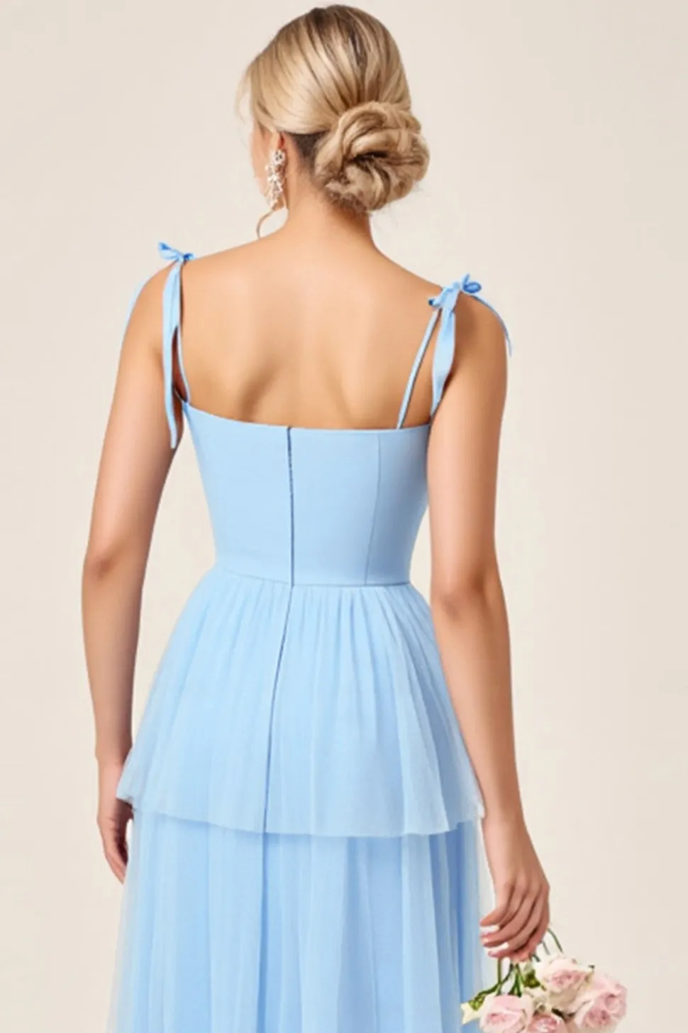 Azul Céu Tule Linha-A Pescoço Quadrado Longo Vestidos Cerimónia com Fenda