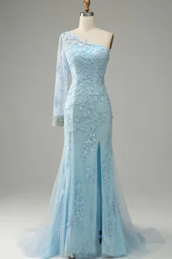 Azul Céu Um Ombro Sereia Vestido de Baile