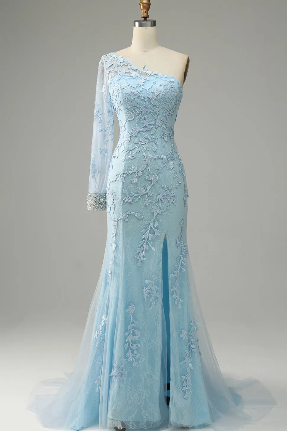 Azul Céu Um Ombro Sereia Vestido de Baile
