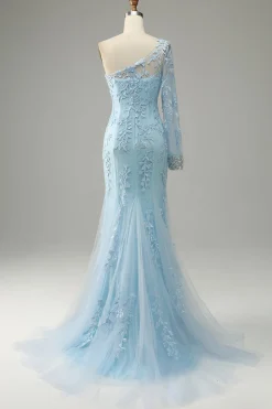 Azul Céu Um Ombro Sereia Vestido de Baile