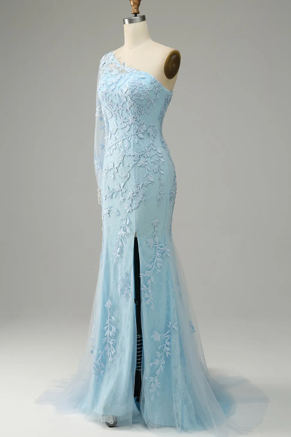 Azul Céu Um Ombro Sereia Vestido de Baile