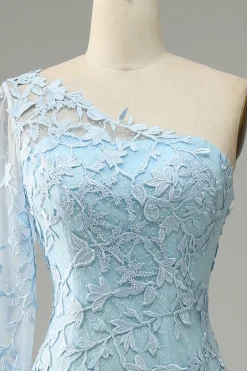 Azul Céu Um Ombro Sereia Vestido de Baile