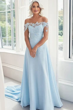 Azul Céu Uma Linha Fora do Ombro Renda Appliques Mãe do Vestido da Noiva