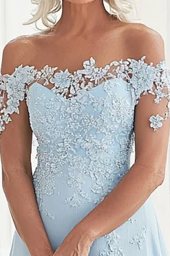 Azul Céu Uma Linha Fora do Ombro Renda Appliques Mãe do Vestido da Noiva