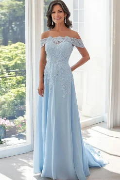 Azul Céu Uma Linha Fora do Ombro Chiffon Appliqued Mãe do Vestido da Noiva