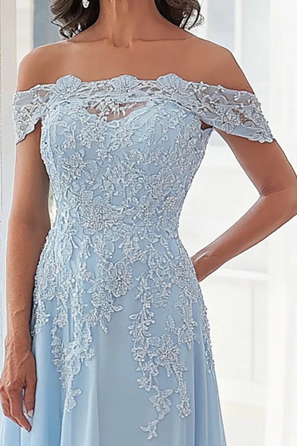 Azul Céu Uma Linha Fora do Ombro Chiffon Appliqued Mãe do Vestido da Noiva