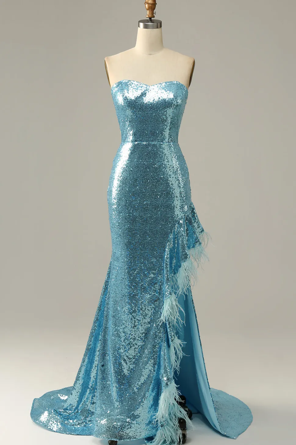Azul Céu Vestido de Baile Sereia Com Penas