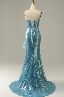 Azul Céu Vestido de Baile Sereia Com Penas