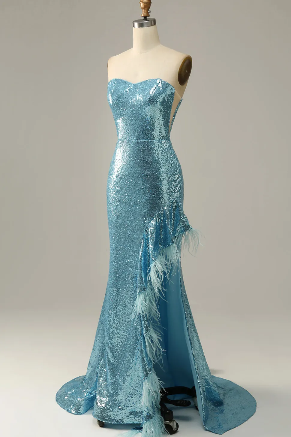 Azul Céu Vestido de Baile Sereia Com Penas