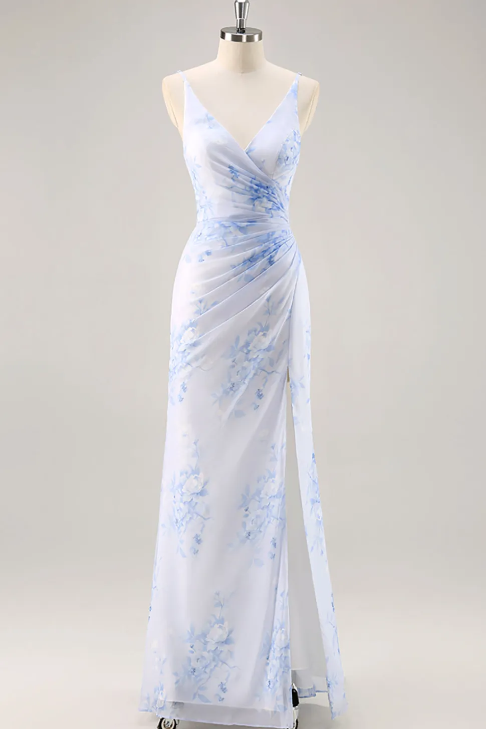 Azul Decote em V Bainha Flores Vestido Para Casamento Convidada com fenda
