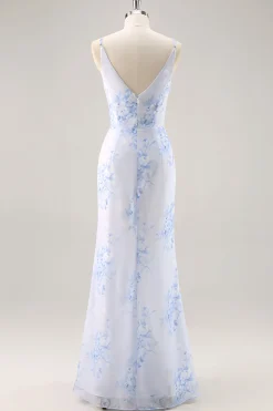 Azul Decote em V Bainha Flores Vestido Para Casamento Convidada com fenda
