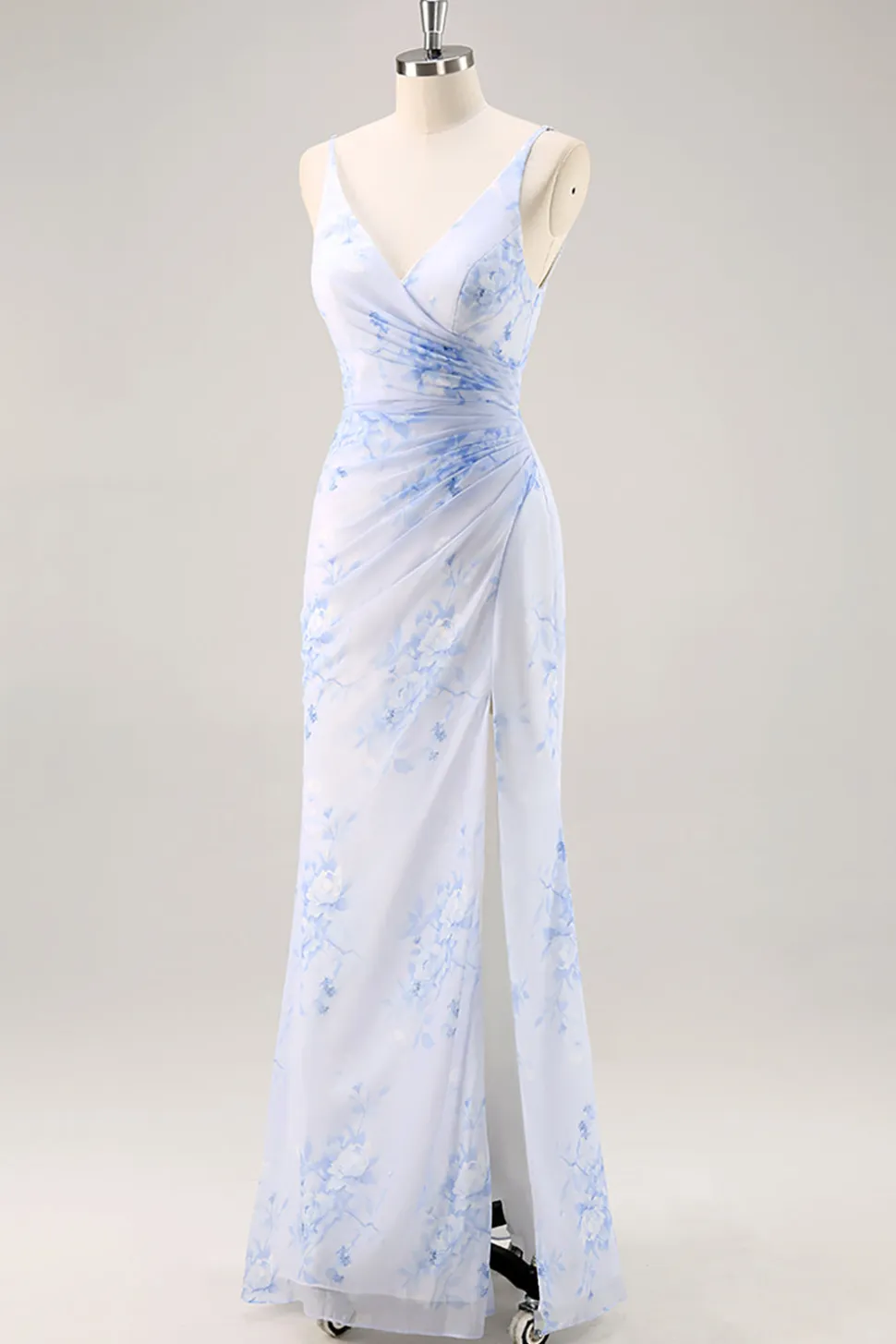 Azul Decote em V Bainha Flores Vestido Para Casamento Convidada com fenda