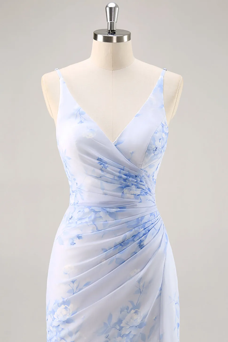 Azul Decote em V Bainha Flores Vestido Para Casamento Convidada com fenda