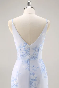 Azul Decote em V Bainha Flores Vestido Para Casamento Convidada com fenda