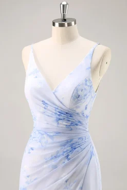 Azul Decote em V Bainha Flores Vestido Para Casamento Convidada com fenda