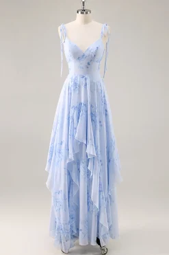 Azul Decote em V Chiffon Flores Longos Vestido Para Casamento Convidada