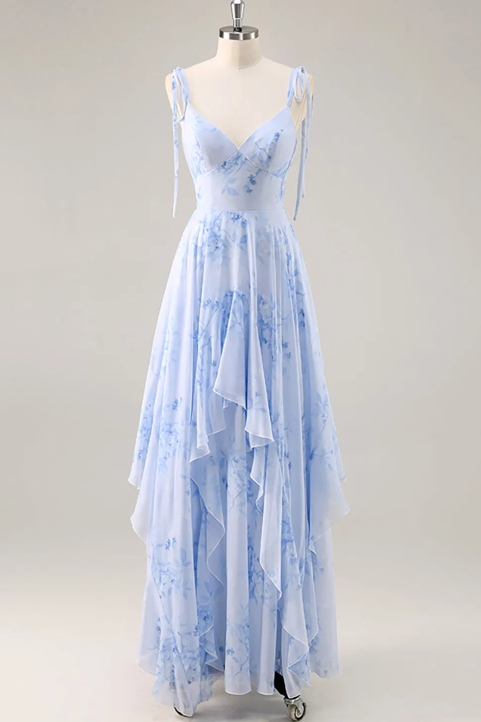 Azul Decote em V Chiffon Flores Longos Vestido Para Casamento Convidada