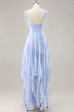 Azul Decote em V Chiffon Flores Longos Vestido Para Casamento Convidada