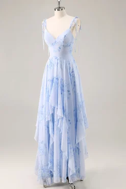Azul Decote em V Chiffon Flores Longos Vestido Para Casamento Convidada