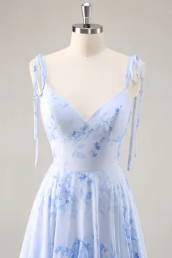 Azul Decote em V Chiffon Flores Longos Vestido Para Casamento Convidada