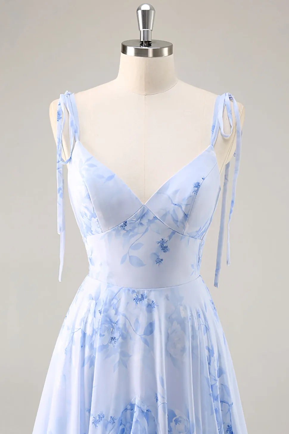 Azul Decote em V Chiffon Flores Longos Vestido Para Casamento Convidada