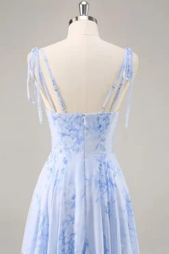 Azul Decote em V Chiffon Flores Longos Vestido Para Casamento Convidada
