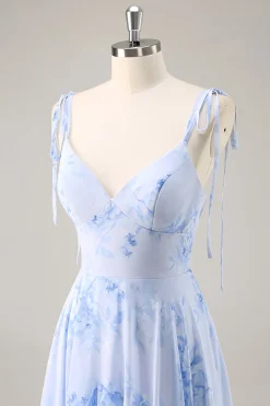 Azul Decote em V Chiffon Flores Longos Vestido Para Casamento Convidada