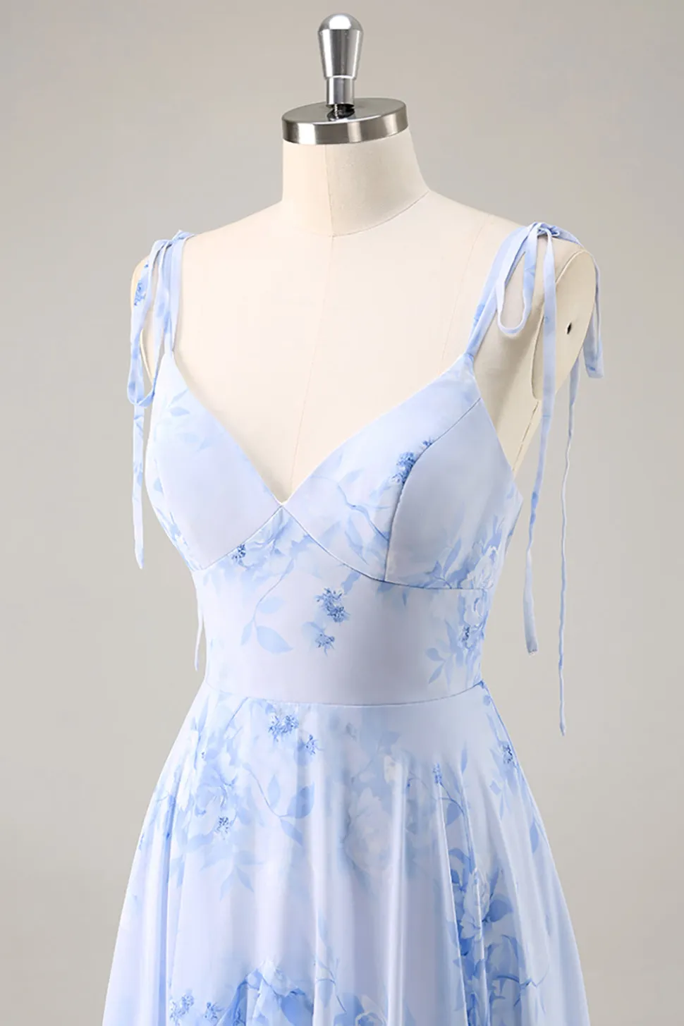Azul Decote em V Chiffon Flores Longos Vestido Para Casamento Convidada