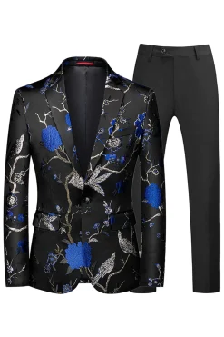 Azul e Preto Notched Lapela Jacquard 2 Peças Homens Prom Suits