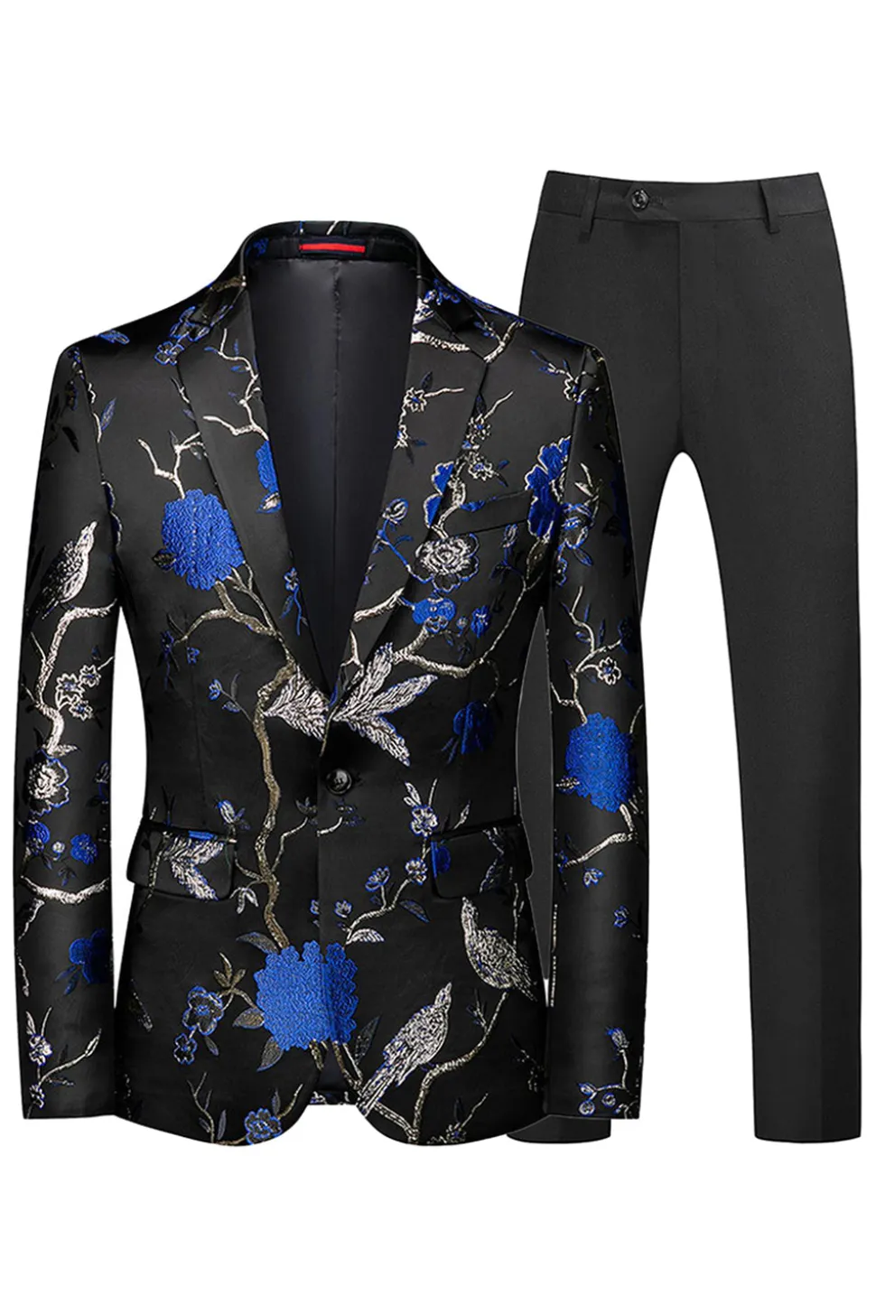 Azul e Preto Notched Lapela Jacquard 2 Peças Homens Prom Suits