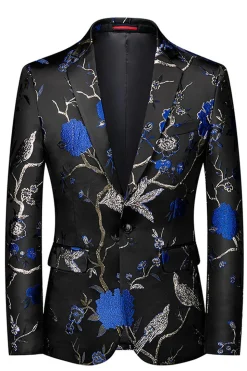 Azul e Preto Notched Lapela Jacquard 2 Peças Homens Prom Suits