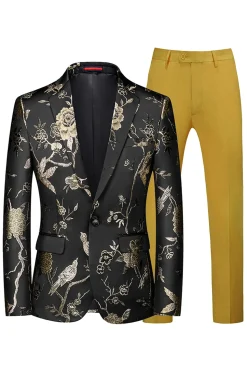 Azul e Preto Notched Lapela Jacquard 2 Peças Homens Prom Suits
