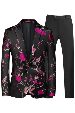 Azul e Preto Notched Lapela Jacquard 2 Peças Homens Prom Suits