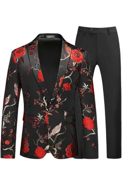 Azul e Preto Notched Lapela Jacquard 2 Peças Homens Prom Suits
