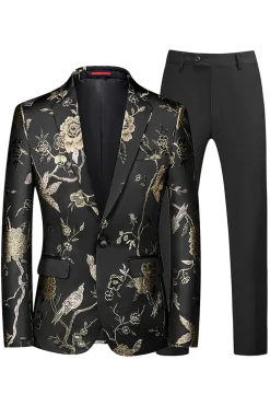 Azul e Preto Notched Lapela Jacquard 2 Peças Homens Prom Suits