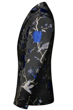 Azul e Preto Notched Lapela Jacquard 2 Peças Homens Prom Suits