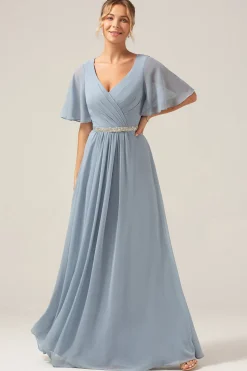 Azul Empoeirado A-Line V Pescoço mangas curtas Chiffon vestido de dama de honra