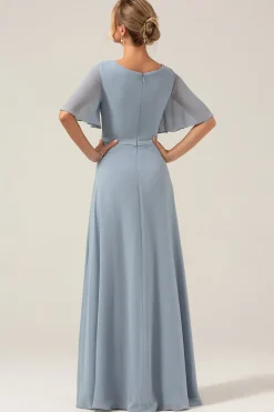 Azul Empoeirado A-Line V Pescoço mangas curtas Chiffon vestido de dama de honra