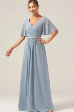 Azul Empoeirado A-Line V Pescoço mangas curtas Chiffon vestido de dama de honra