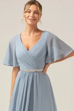 Azul Empoeirado A-Line V Pescoço mangas curtas Chiffon vestido de dama de honra