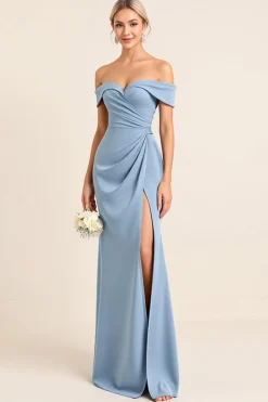 Azul Empoeirado Cetim Fora do Ombro Bainha Longo Vestidos Cerimónia com Fenda