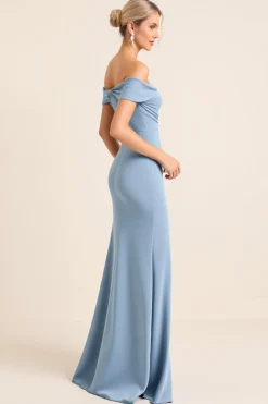 Azul Empoeirado Cetim Fora do Ombro Bainha Longo Vestidos Cerimónia com Fenda