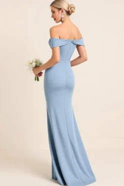 Azul Empoeirado Cetim Fora do Ombro Bainha Longo Vestidos Cerimónia com Fenda