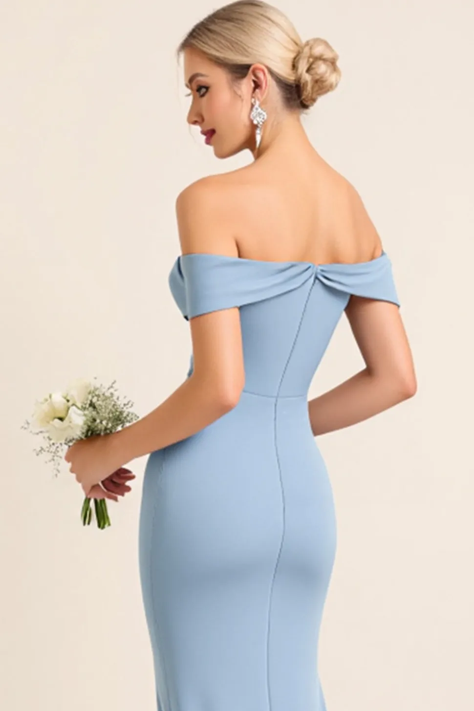 Azul Empoeirado Cetim Fora do Ombro Bainha Longo Vestidos Cerimónia com Fenda