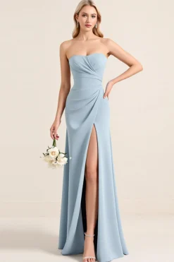 Azul Empoeirado Cetim Sem Alças Longo Vestidos de Damas de Honor com Fenda