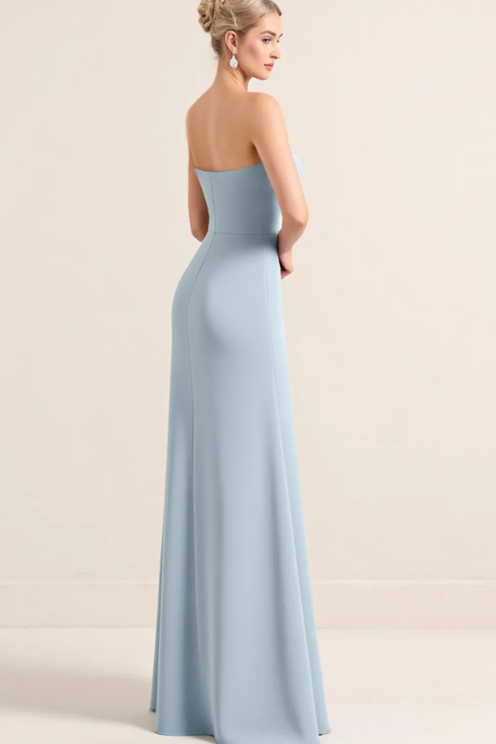 Azul Empoeirado Cetim Sem Alças Longo Vestidos de Damas de Honor com Fenda