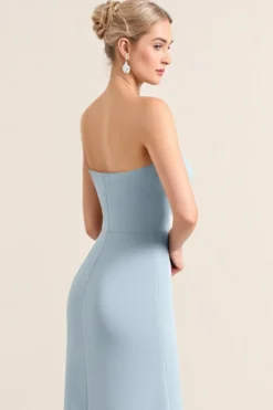 Azul Empoeirado Cetim Sem Alças Longo Vestidos de Damas de Honor com Fenda